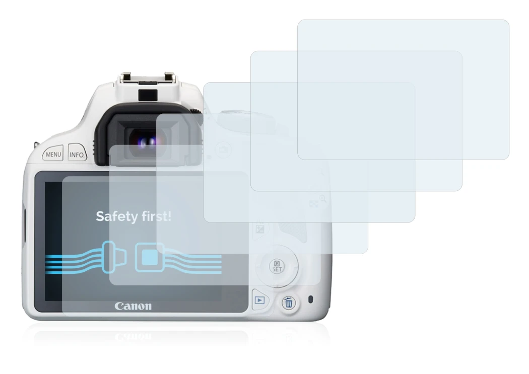 Image of the device Canon EOS 100D with a wide variety of screen protectors.