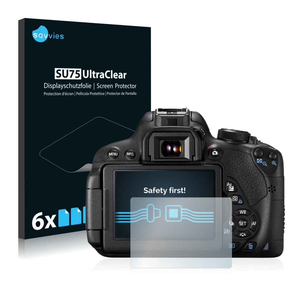 Front side of a product packaging with the brand logo Savvies. Next to it is the device Canon EOS 700D shown with the correspo