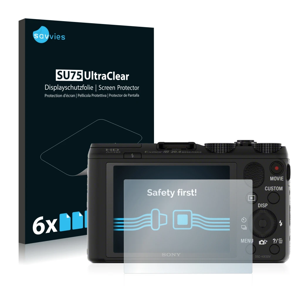 Front side of a product packaging with the brand logo Savvies. Next to it is the device Sony Cyber-Shot DSC-HX50V shown with t