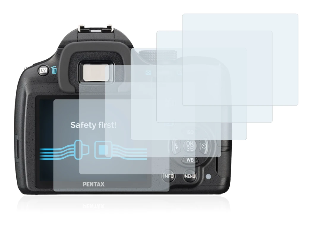 Image of the device Pentax K-50 with a wide variety of screen protectors.