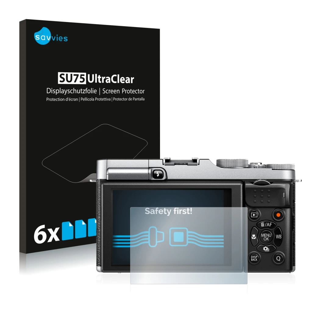 Front side of a product packaging with the brand logo Savvies. Next to it is the device Fujifilm X-M1 shown with the correspon