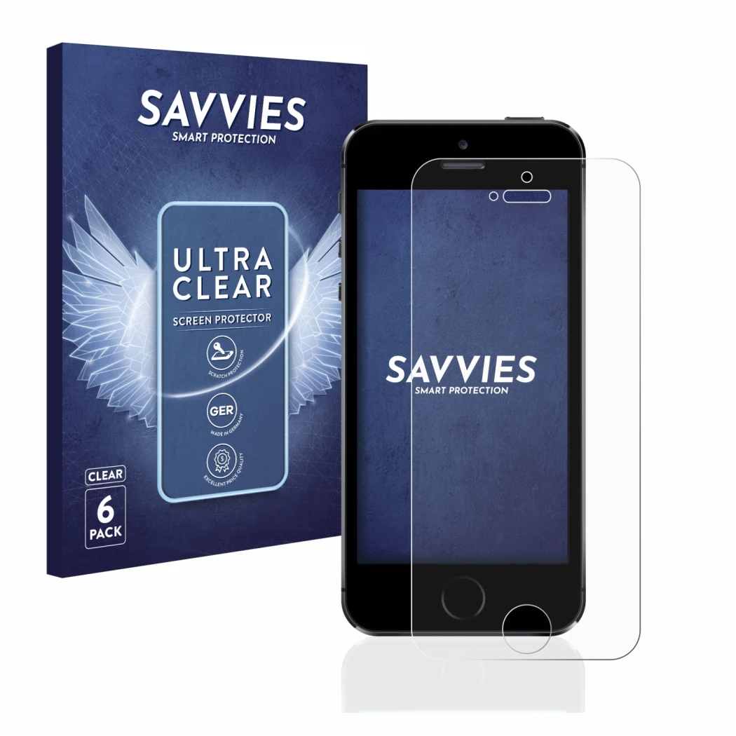 Front side of a product packaging with the brand logo Savvies. Next to it is the device Apple iPhone 5S shown with the corresp