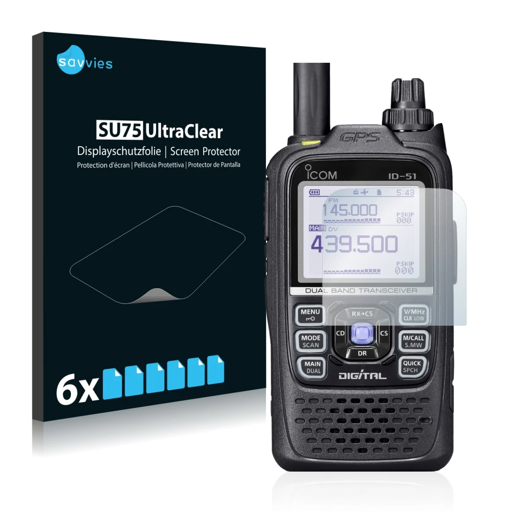 Front side of a product packaging with the brand logo Savvies. Next to it is the device Icom ID-51 shown with the correspondin