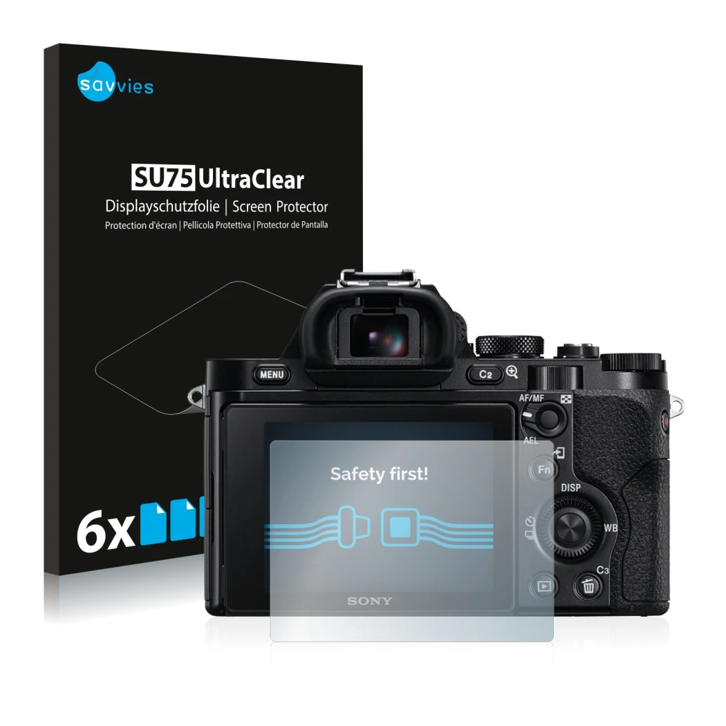 Front side of a product packaging with the brand logo Savvies. Next to it is the device Sony Alpha 7 (ILCE-7) shown with the c