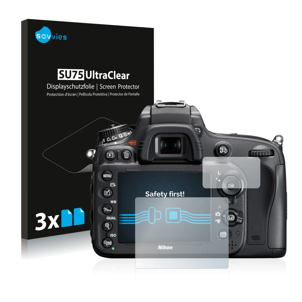Front side of a product packaging with the brand logo Savvies. Next to it is the device Nikon D610 shown with the correspondin