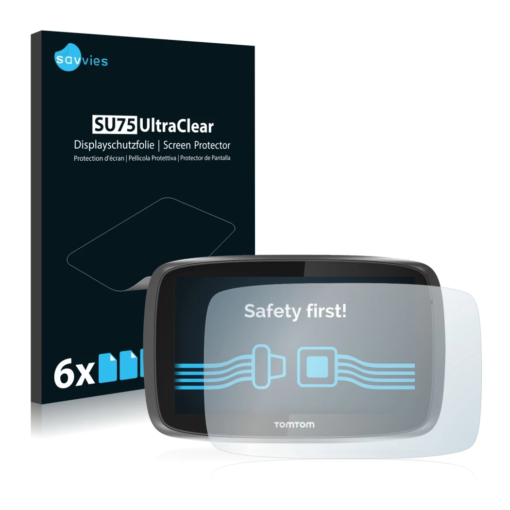 Front side of a product packaging with the brand logo Savvies. Next to it is the device TomTom GO 5000 shown with the correspo