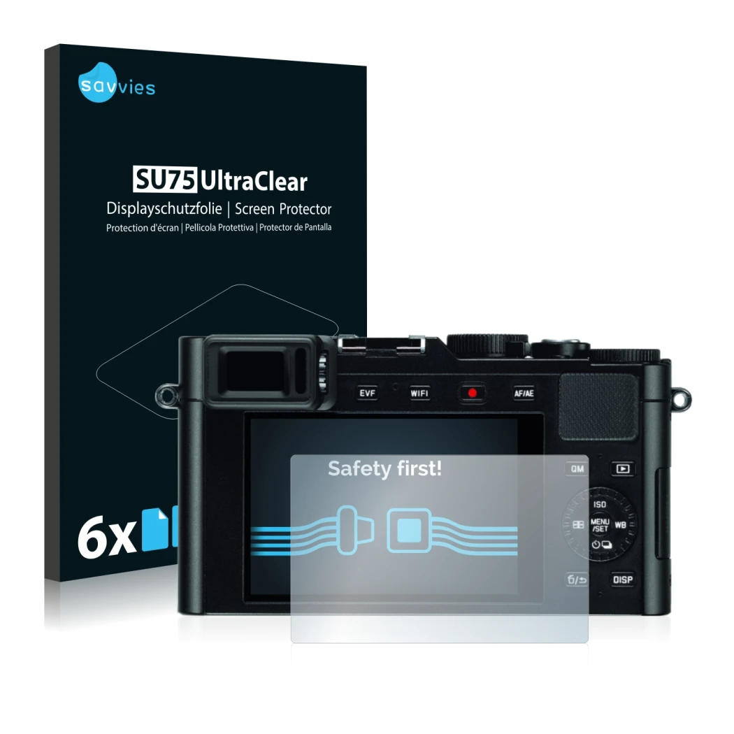 Front side of a product packaging with the brand logo Savvies. Next to it is the device Leica D-Lux (Typ 109) shown with the c
