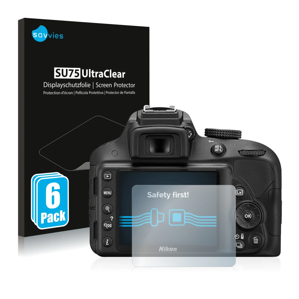Front side of a product packaging with the brand logo Savvies. Next to it is the device Nikon D3300 shown with the correspondi