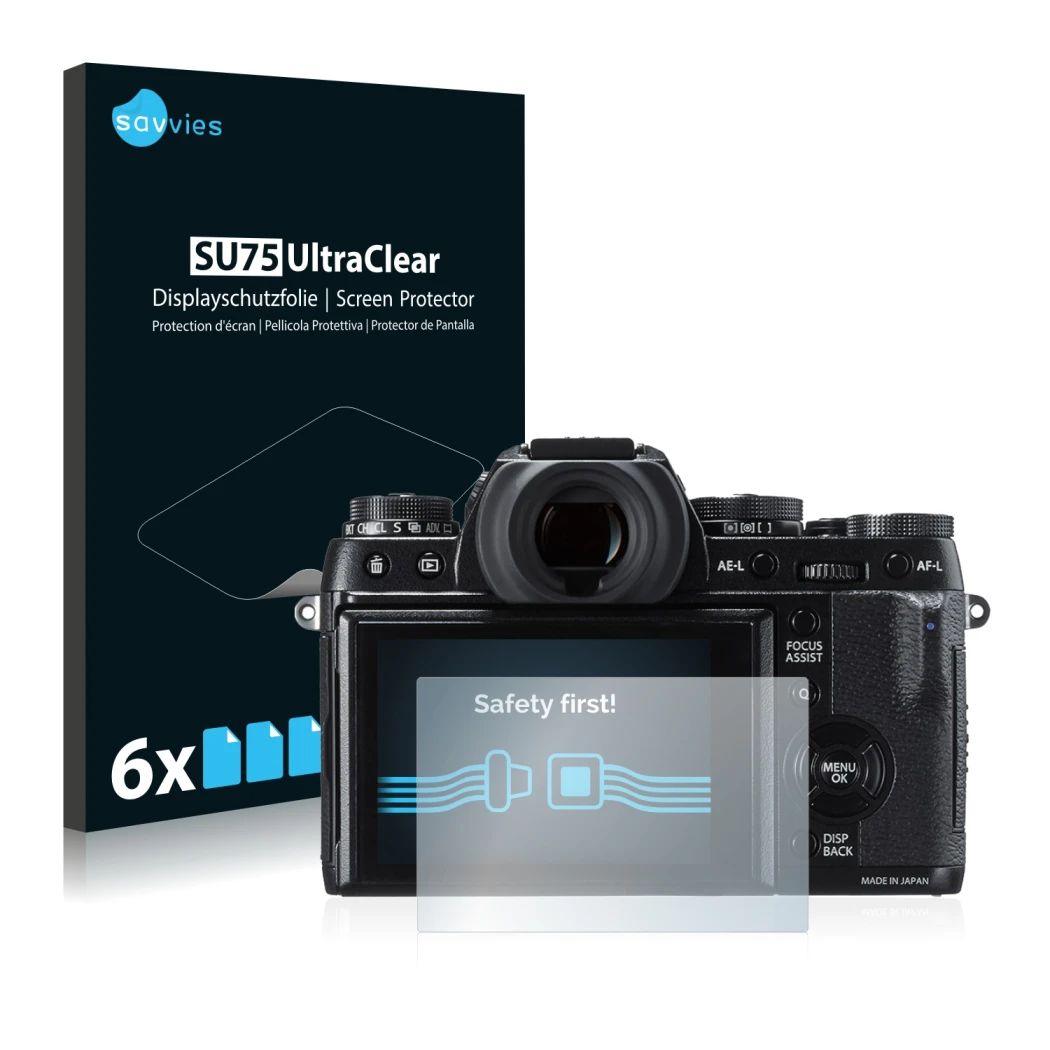 Front side of a product packaging with the brand logo Savvies. Next to it is the device Fujifilm X-T1 shown with the correspon