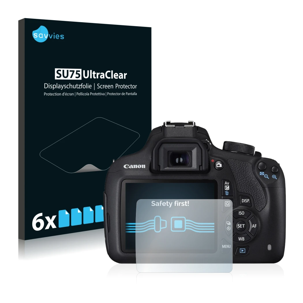 Front side of a product packaging with the brand logo Savvies. Next to it is the device Canon EOS 1200D shown with the corresp