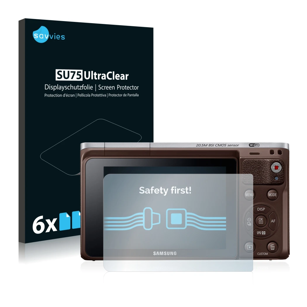 Front side of a product packaging with the brand logo Savvies. Next to it is the device Samsung NX Mini shown with the corresp