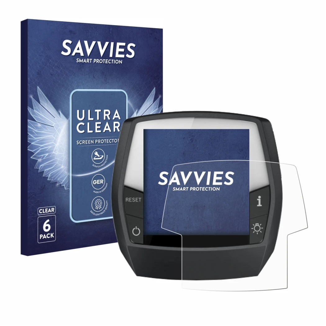 Front side of a product packaging with the brand logo Savvies. Next to it is the device Bosch Intuvia Active Line shown with t