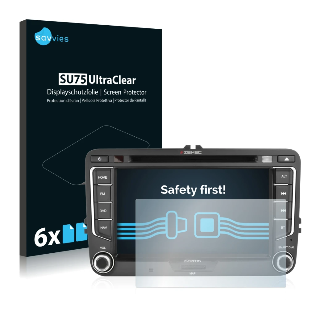 Front side of a product packaging with the brand logo Savvies. Next to it is the device Zenec Z-E2015 shown with the correspon