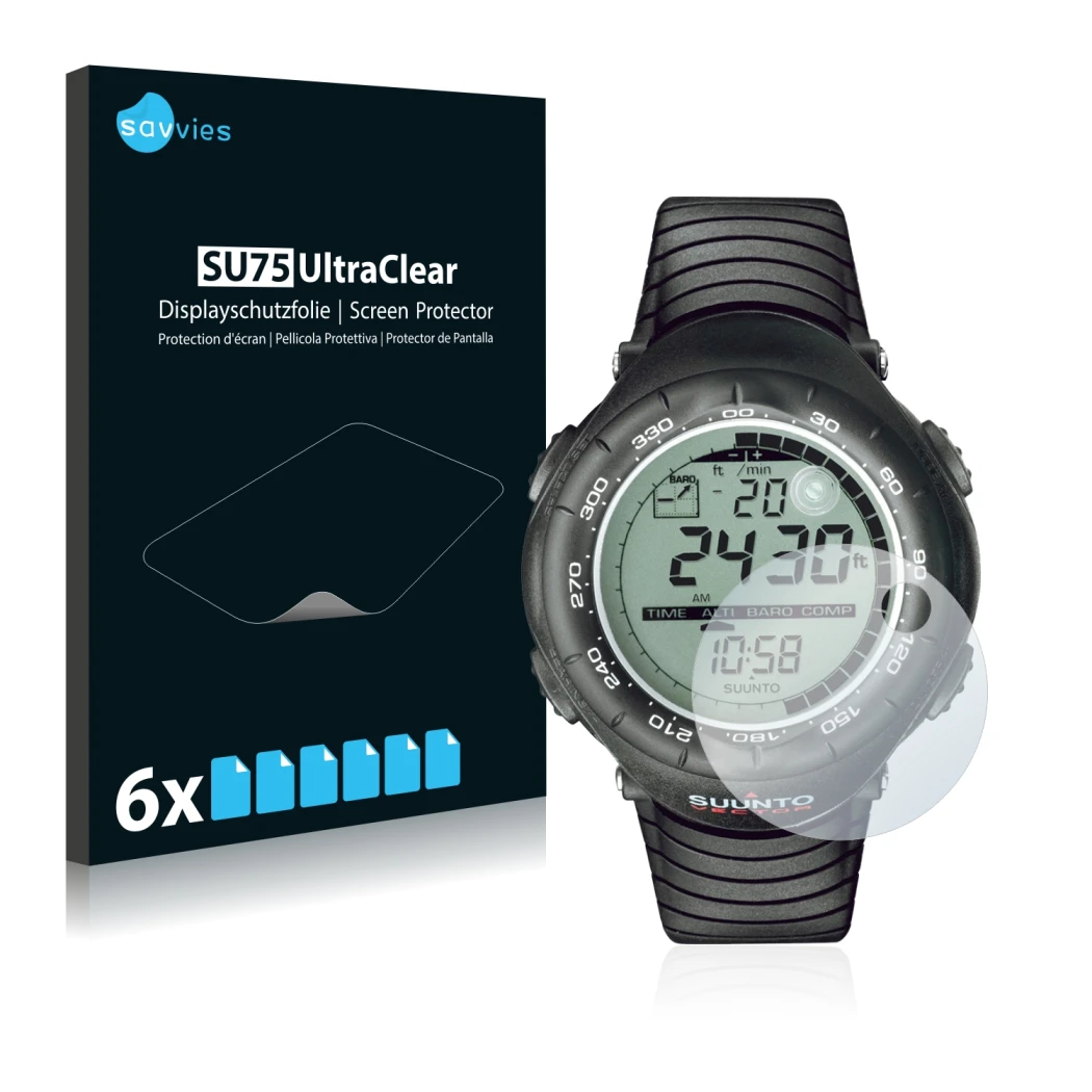 Front side of a product packaging with the brand logo Savvies. Next to it is the device Suunto Vector Black shown with the cor