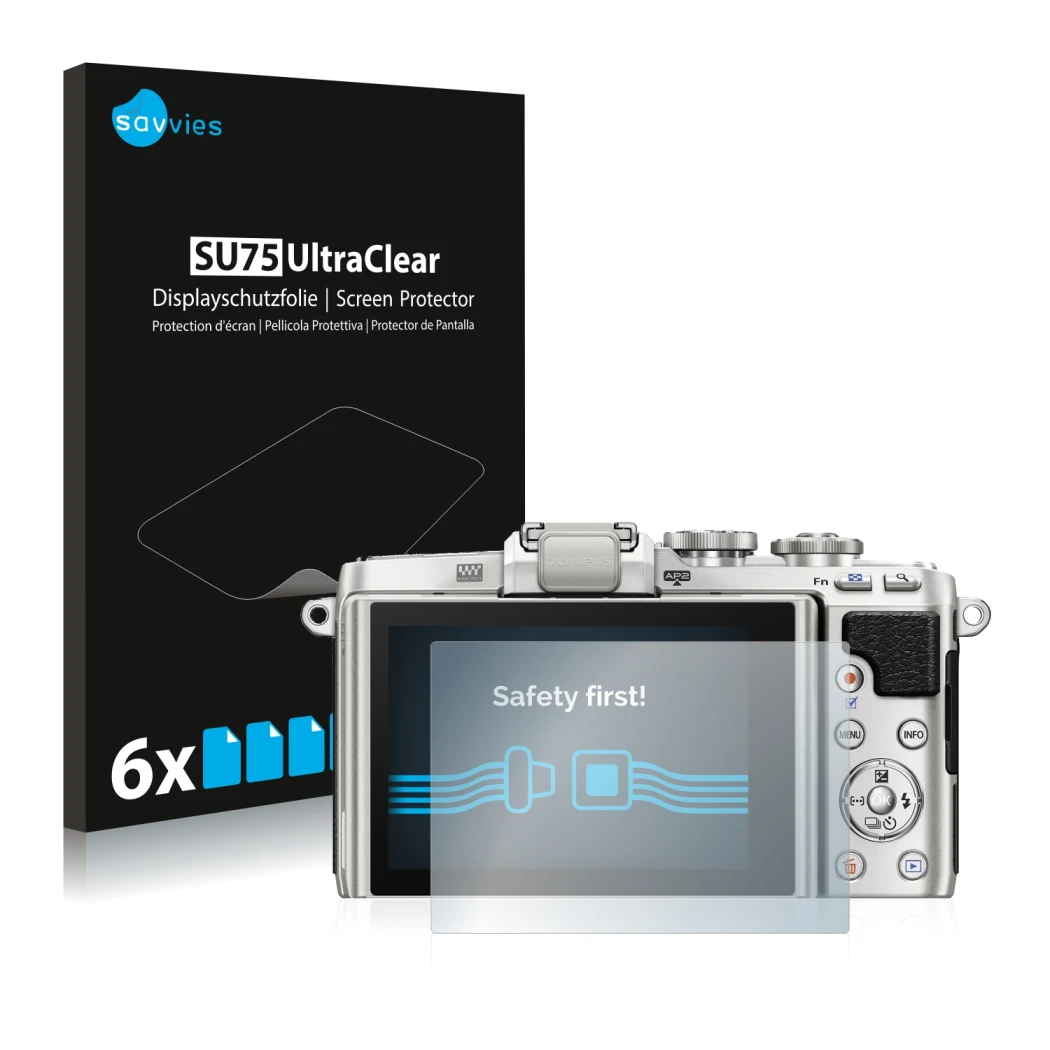 Front side of a product packaging with the brand logo Savvies. Next to it is the device Olympus PEN E-PL7 shown with the corre