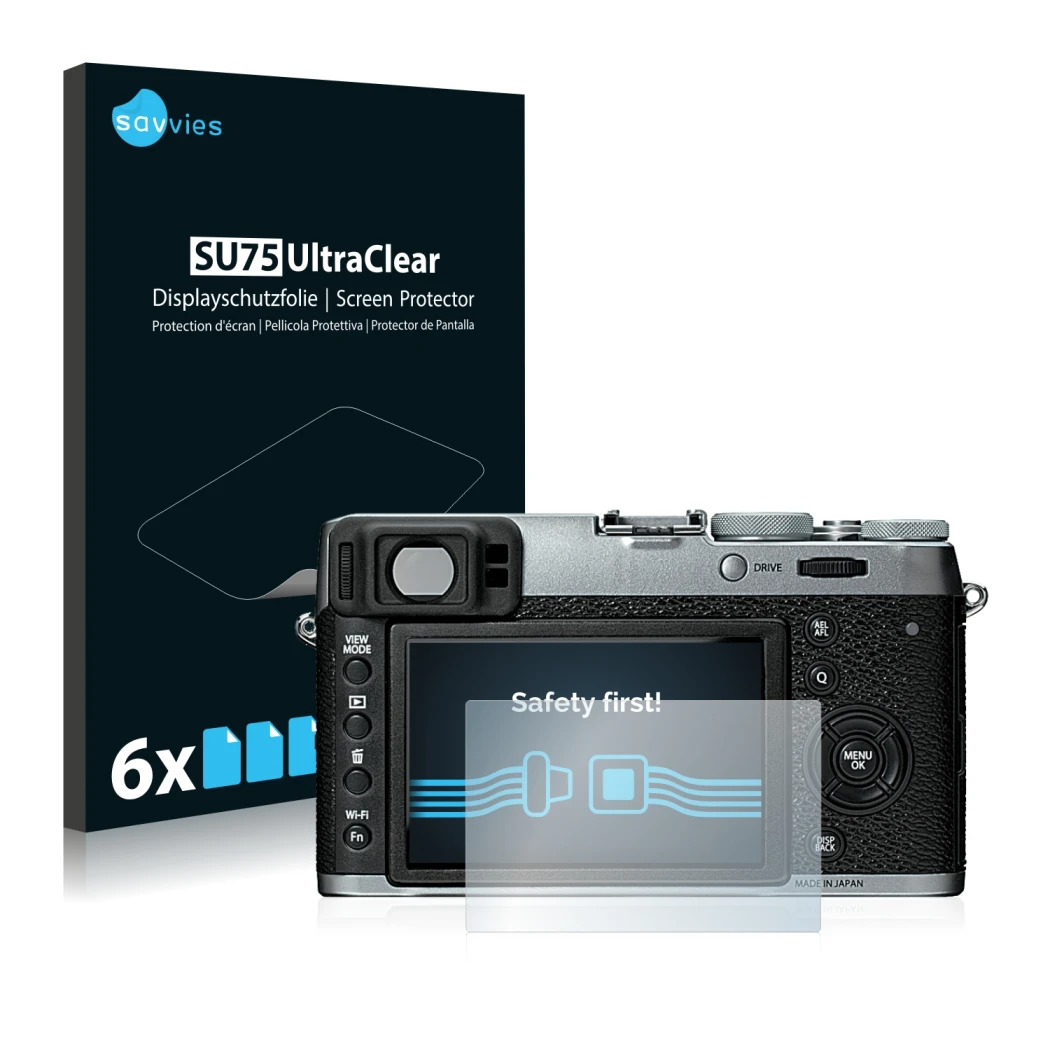 Front side of a product packaging with the brand logo Savvies. Next to it is the device Fujifilm X100T shown with the correspo