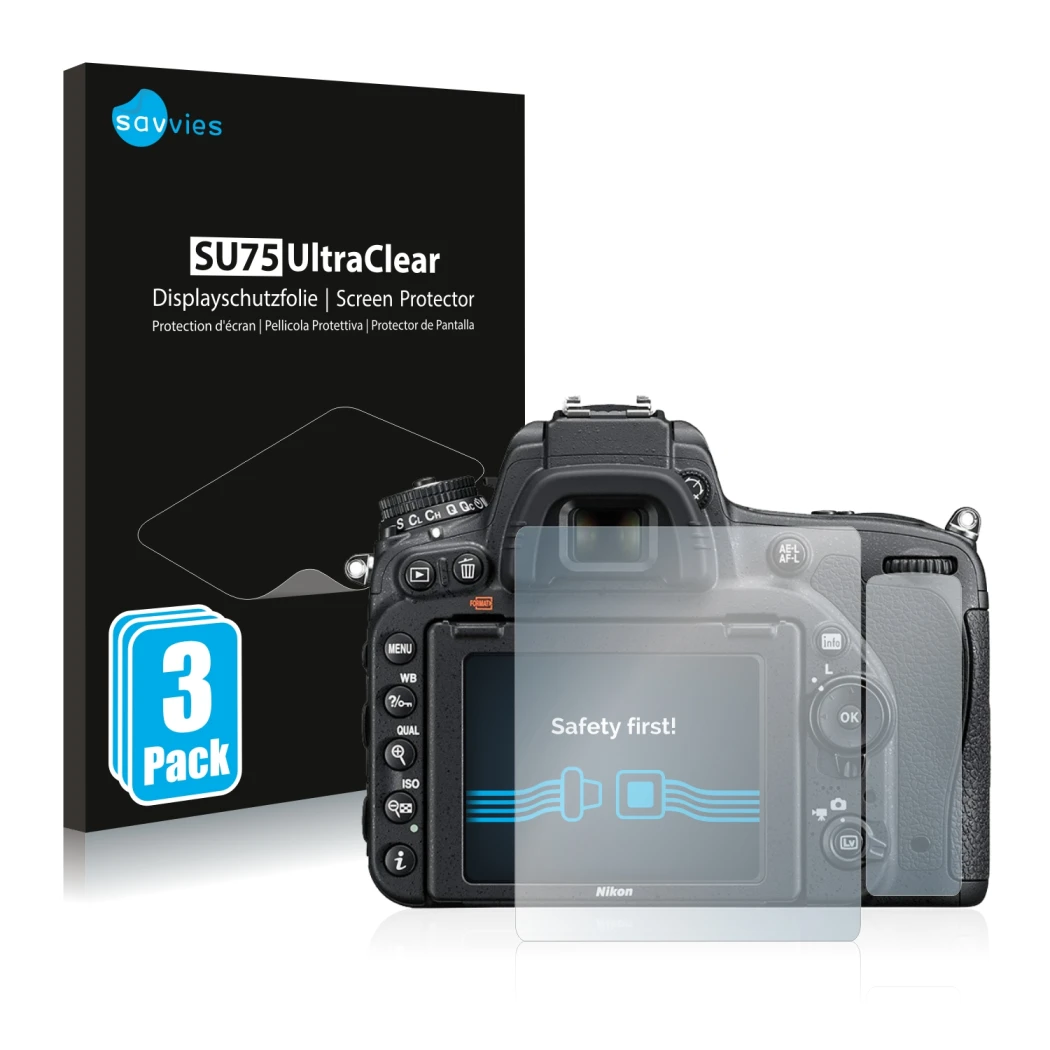 Front side of a product packaging with the brand logo Savvies. Next to it is the device Nikon D750 shown with the correspondin