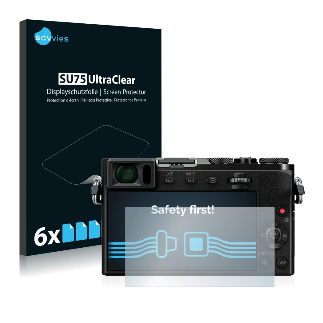 Front side of a product packaging with the brand logo Savvies. Next to it is the device Panasonic Lumix DMC-GM5 shown with the