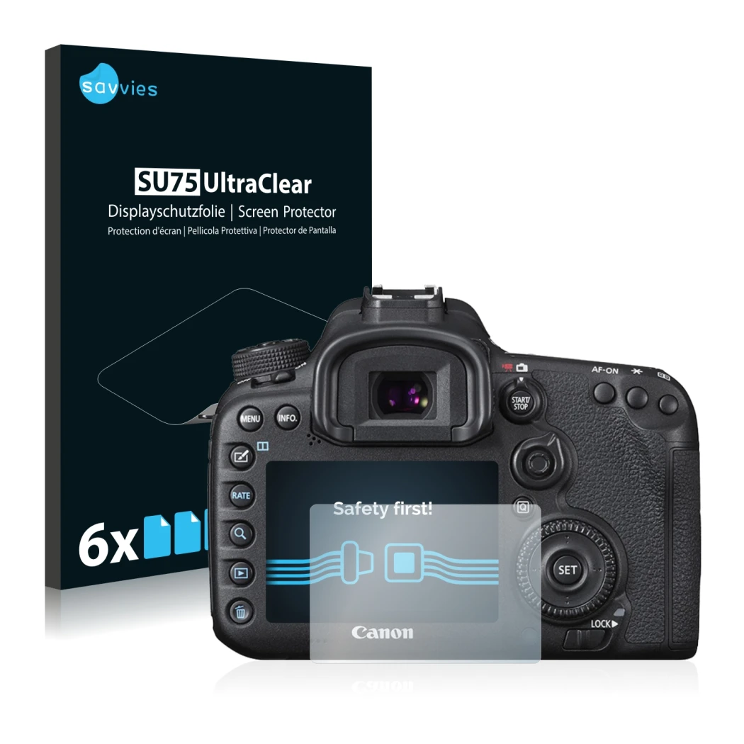 Front side of a product packaging with the brand logo Savvies. Next to it is the device Canon EOS 7D Mark II shown with the co