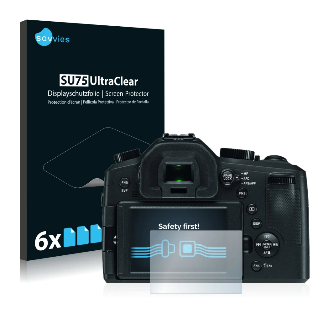 Front side of a product packaging with the brand logo Savvies. Next to it is the device Leica V-LUX (Typ 114) shown with the c
