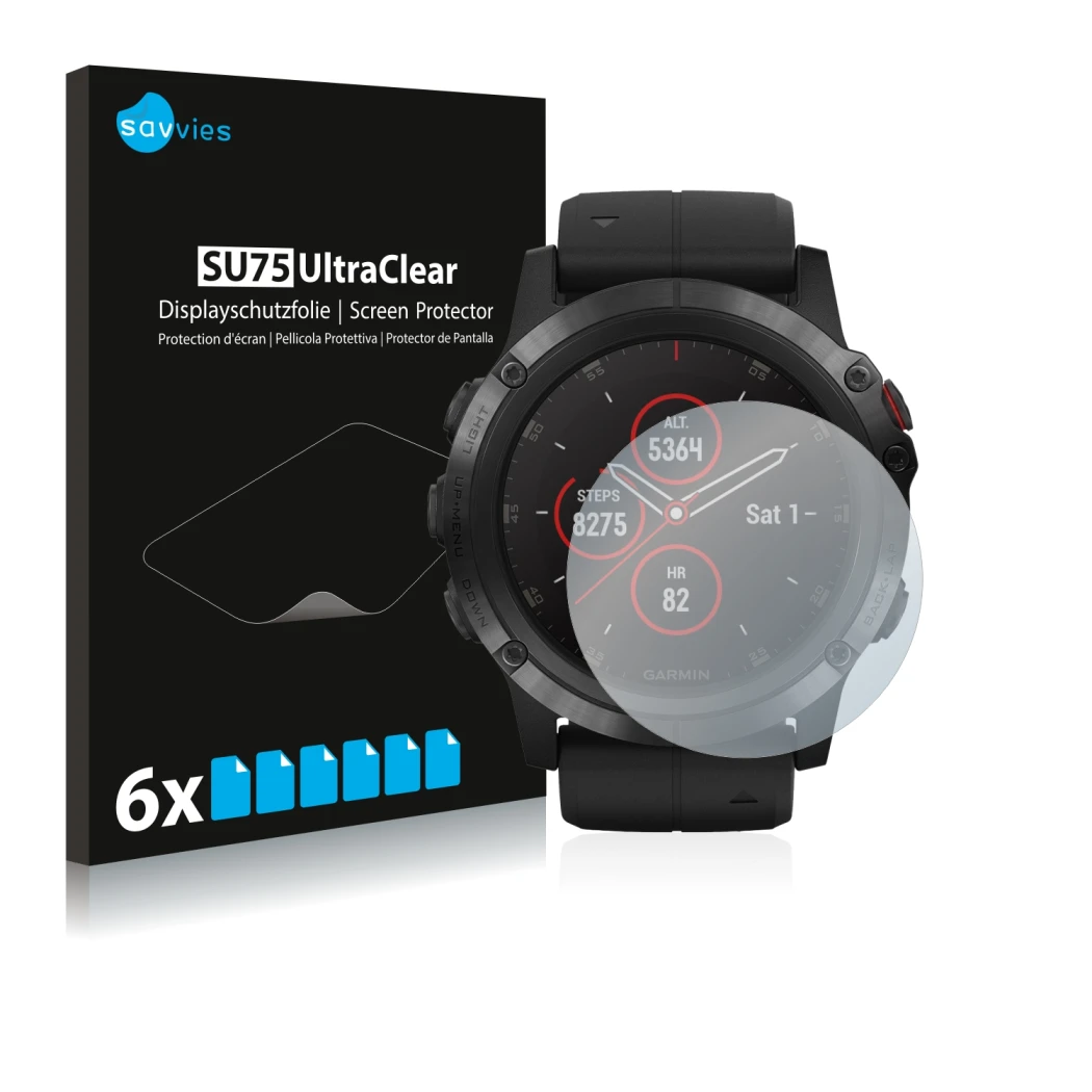 Front side of a product packaging with the brand logo Savvies. Next to it is the device Suunto Ambit3 Peak Black shown with th