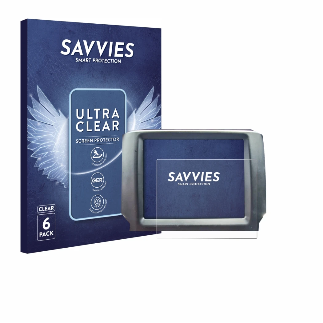 Front side of a product packaging with the brand logo Savvies. Next to it is the device Uconnect 8.4