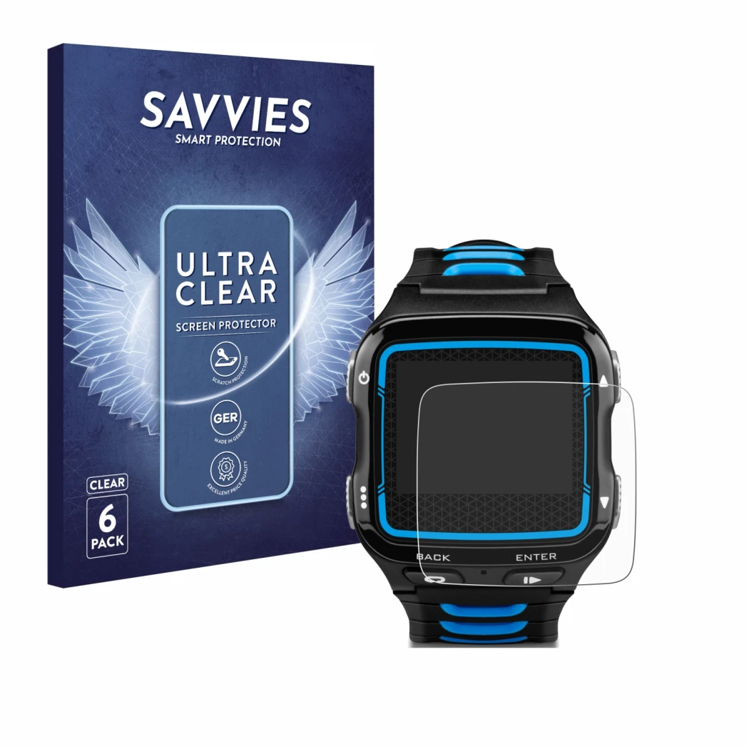 Front side of a product packaging with the brand logo Savvies. Next to it is the device Garmin Forerunner 920XT shown with the
