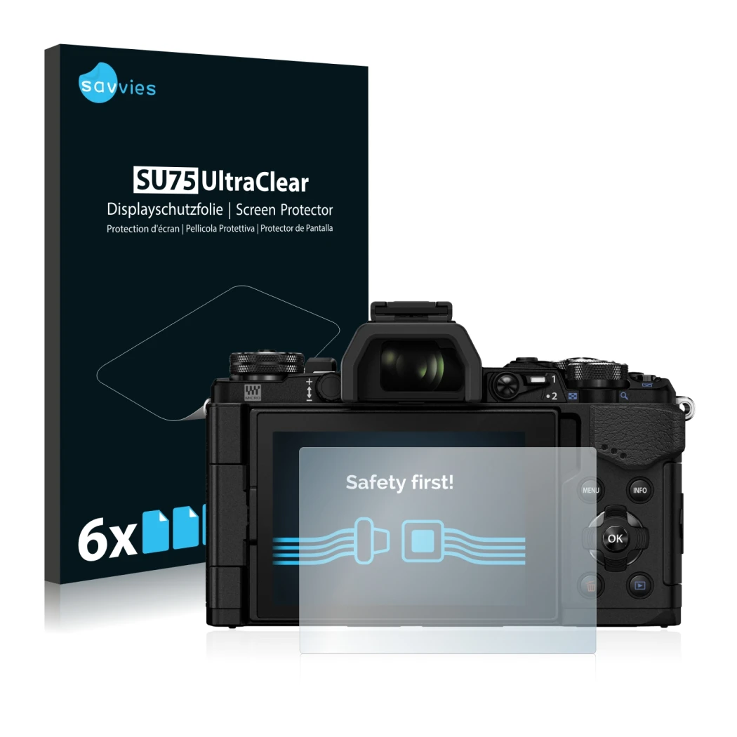 Front side of a product packaging with the brand logo Savvies. Next to it is the device Olympus OM-D E-M5 Mark II shown with t