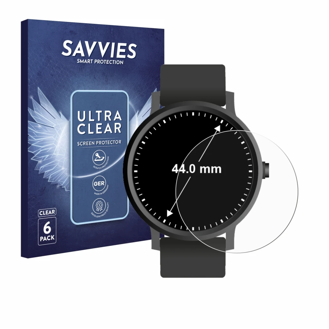 Front side of a product packaging with the brand logo Savvies. Next to it is the device Watches (Circular, ø: 44 mm) shown wit