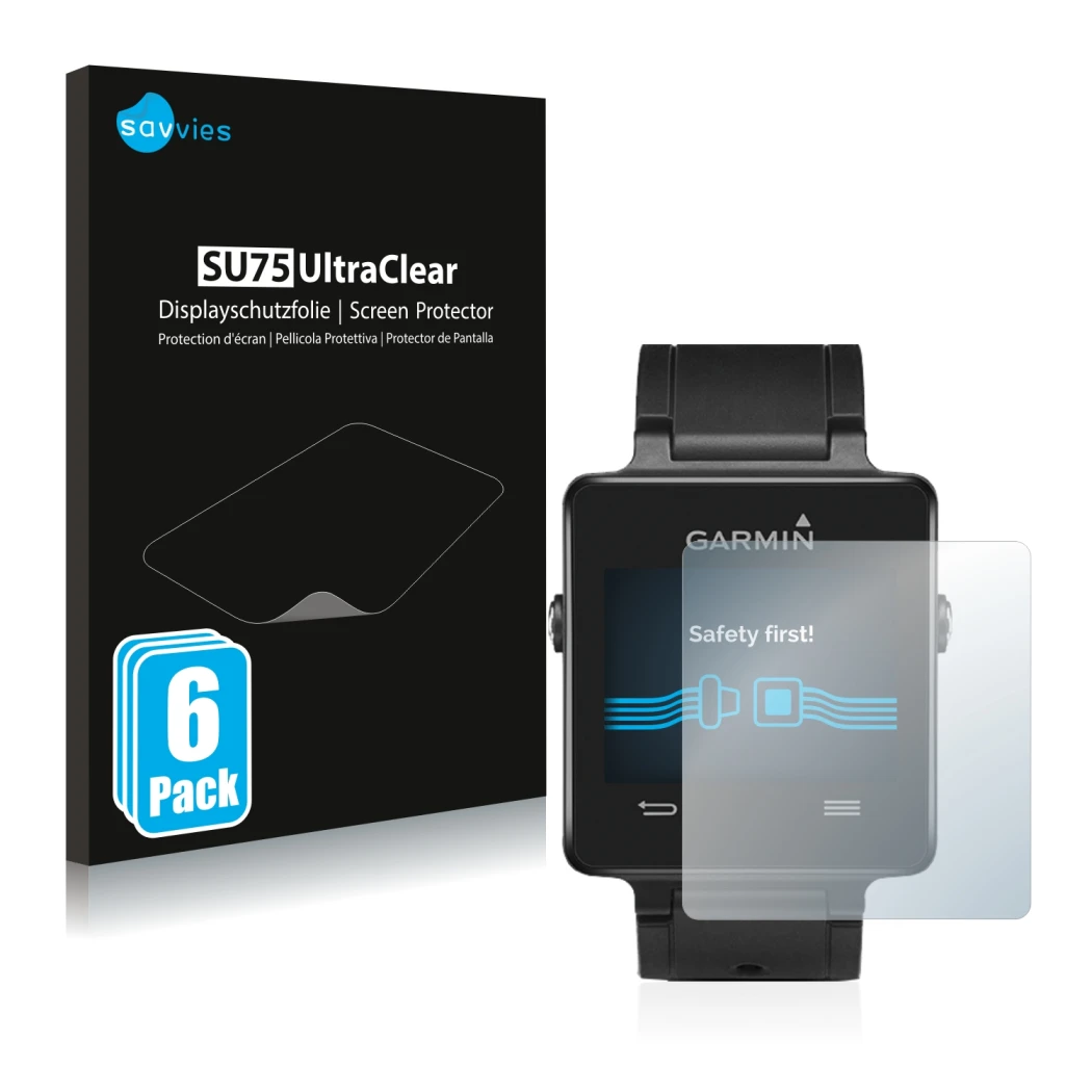 Front side of a product packaging with the brand logo Savvies. Next to it is the device Garmin vivoactive shown with the corre