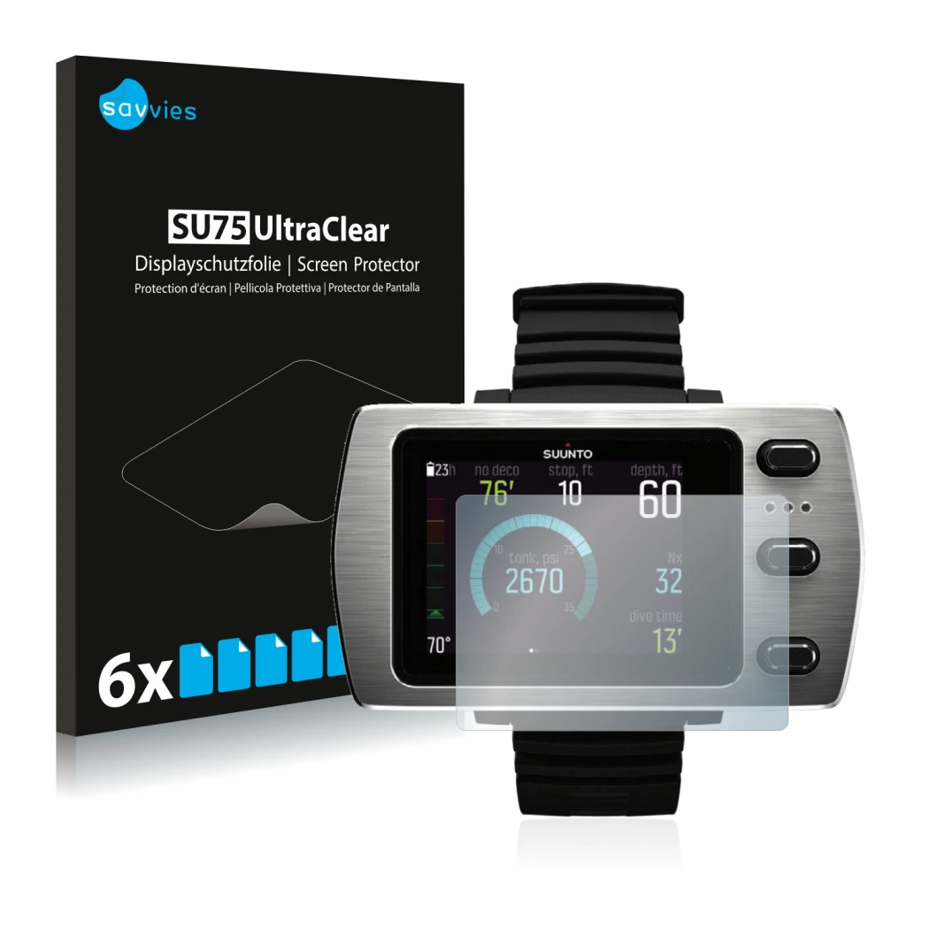 Front side of a product packaging with the brand logo Savvies. Next to it is the device Suunto Eon Steel shown with the corres