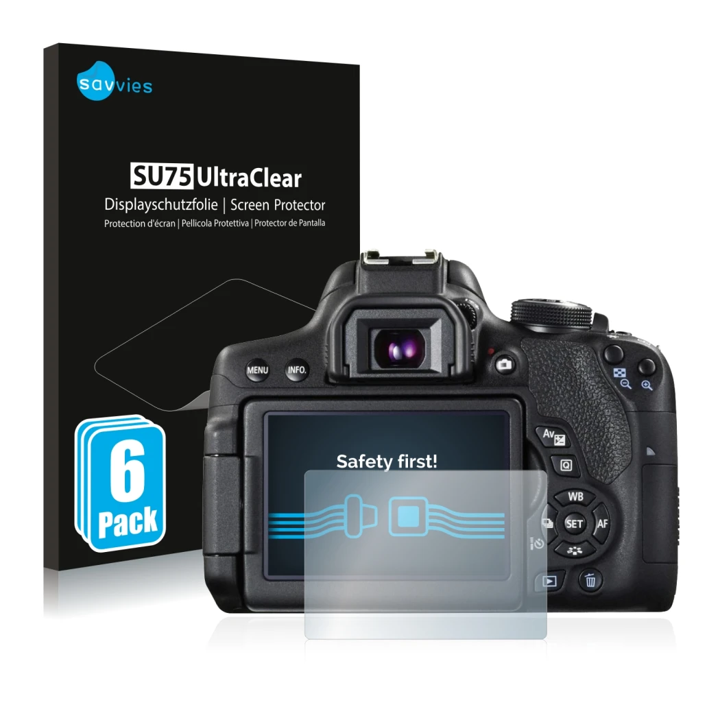 Front side of a product packaging with the brand logo Savvies. Next to it is the device Canon EOS 750D shown with the correspo
