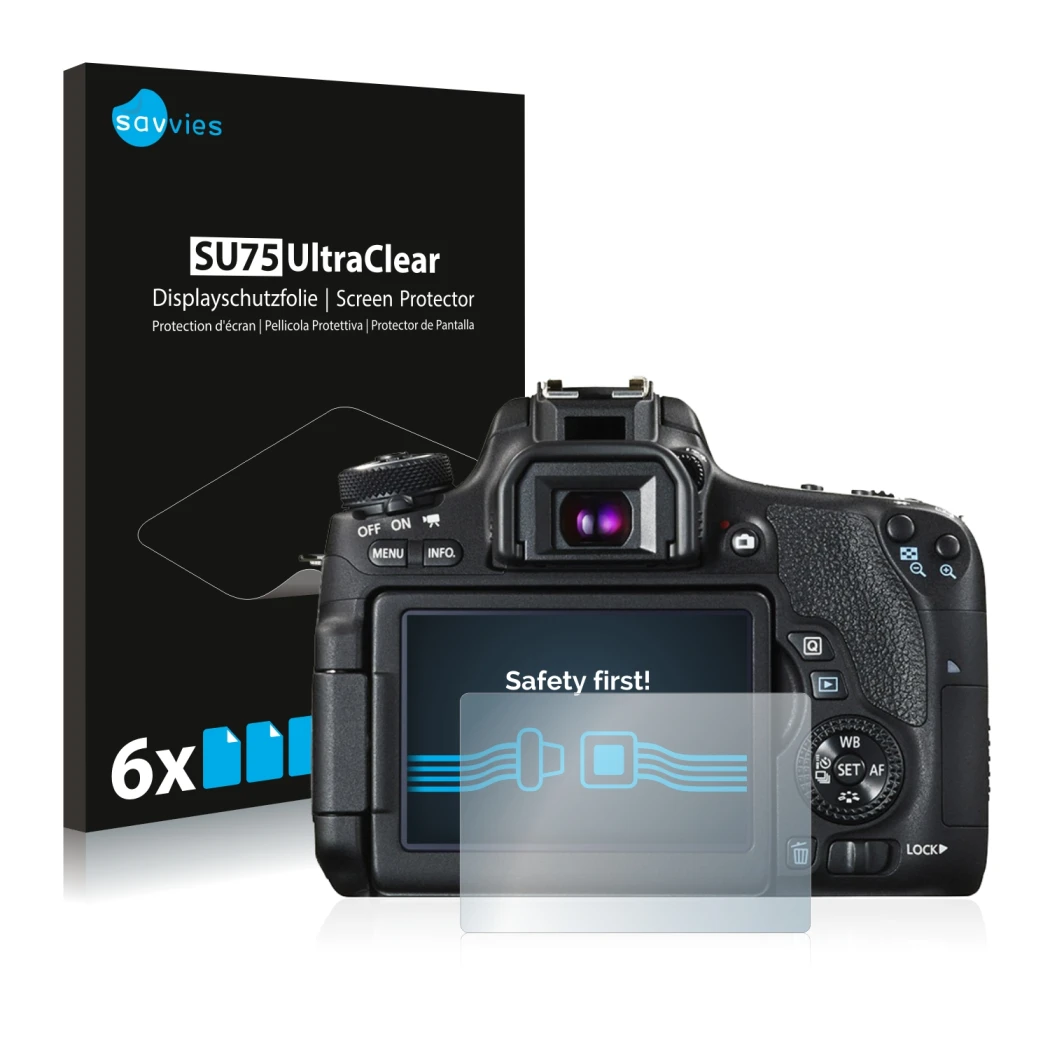 Front side of a product packaging with the brand logo Savvies. Next to it is the device Canon EOS 760D shown with the correspo