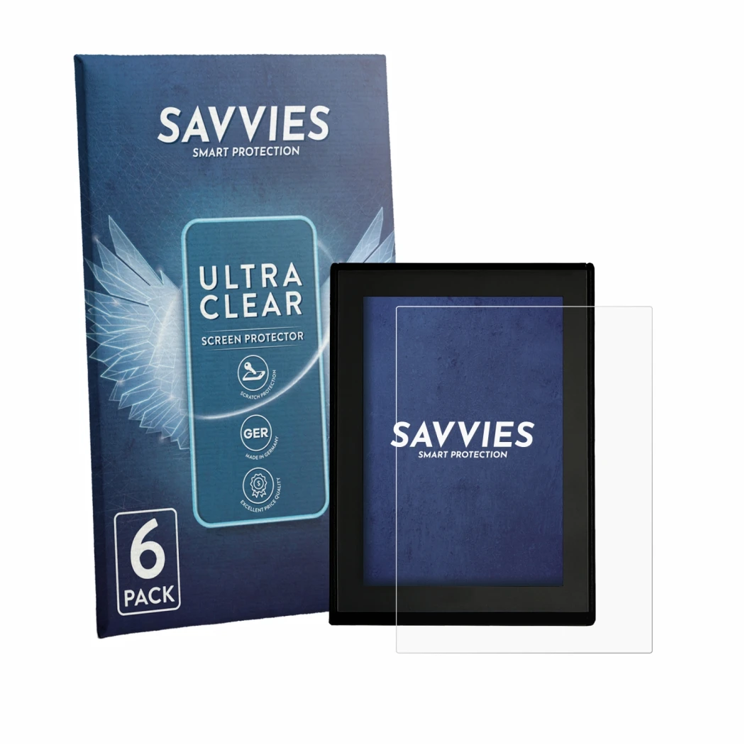 Front side of a product packaging with the brand logo Savvies. Next to it is the device Yamaha LCD Display (E-Bike Display) sh