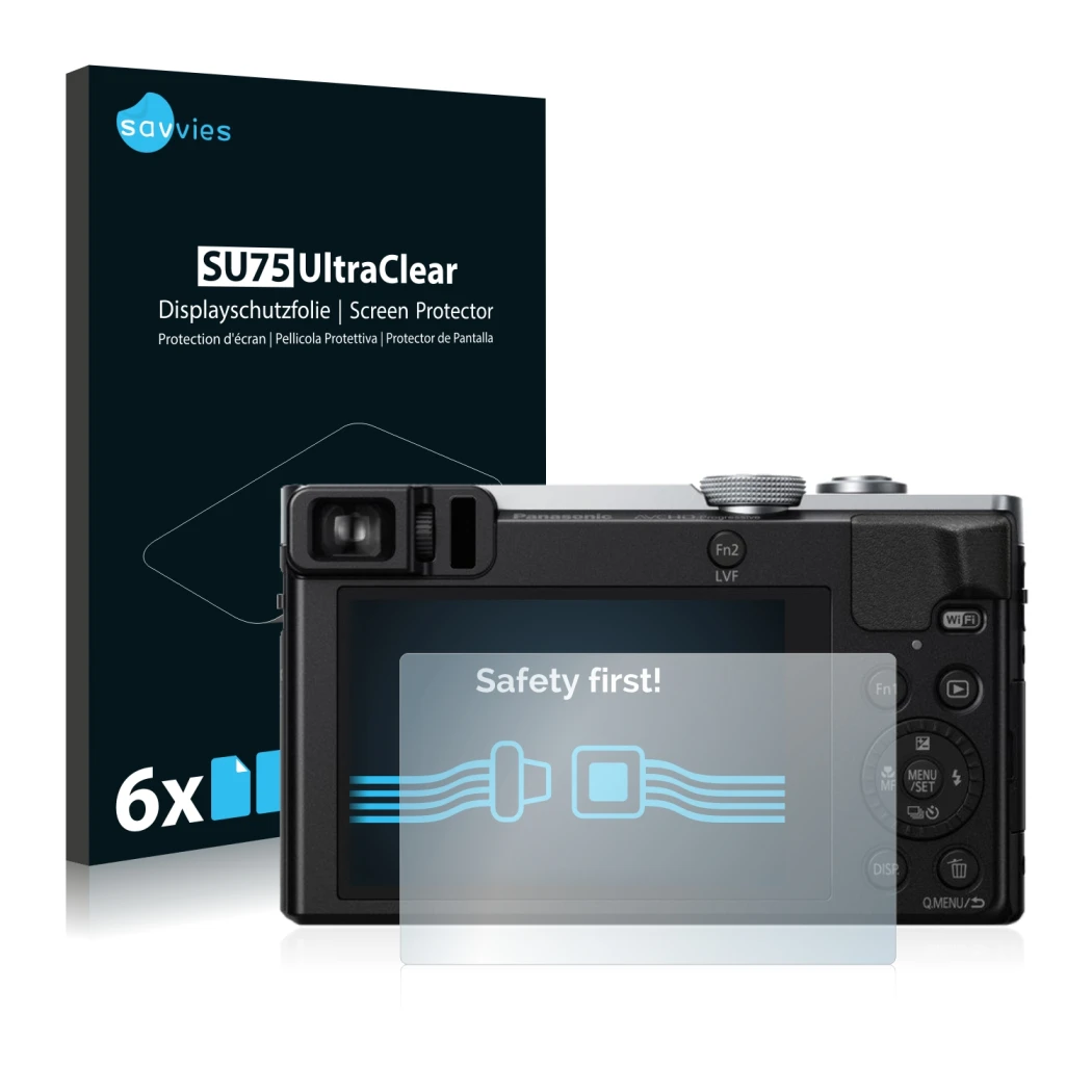 Front side of a product packaging with the brand logo Savvies. Next to it is the device Panasonic Lumix DMC-TZ70 shown with th