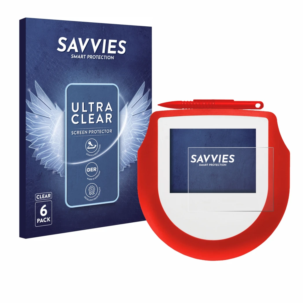 Front side of a product packaging with the brand logo Savvies. Next to it is the device Signotec Signature Pad Omega shown wit