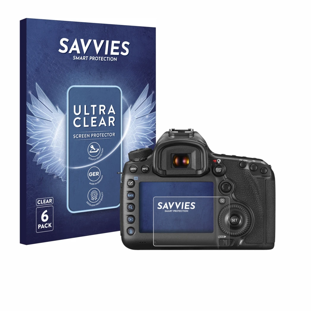 Front side of a product packaging with the brand logo Savvies. Next to it is the device Canon EOS 5DS R shown with the corresp