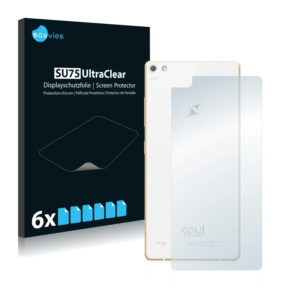 Front side of a product packaging with the brand logo Savvies. Next to it is the device Allview X2 Soul Pro (Back) shown with 