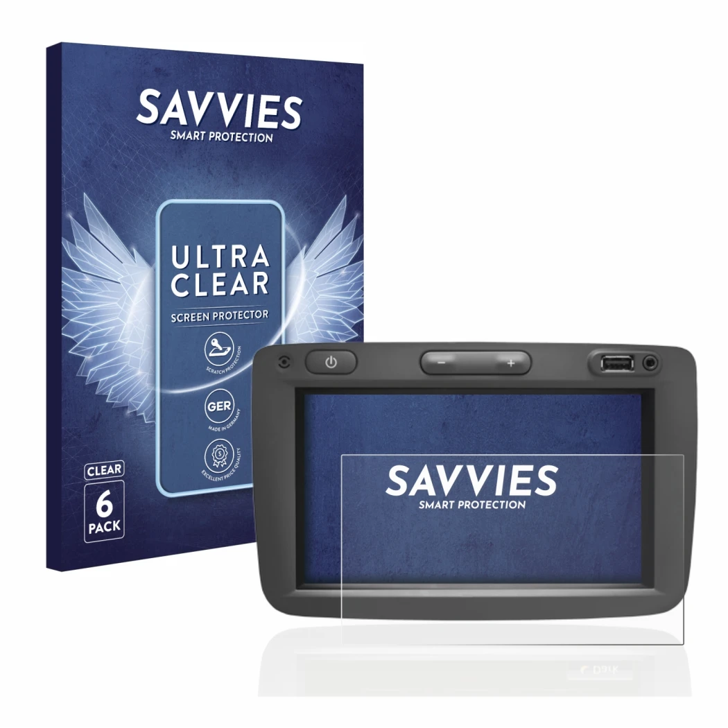 Front side of a product packaging with the brand logo Savvies. Next to it is the device Dacia Media Nav shown with the corresp