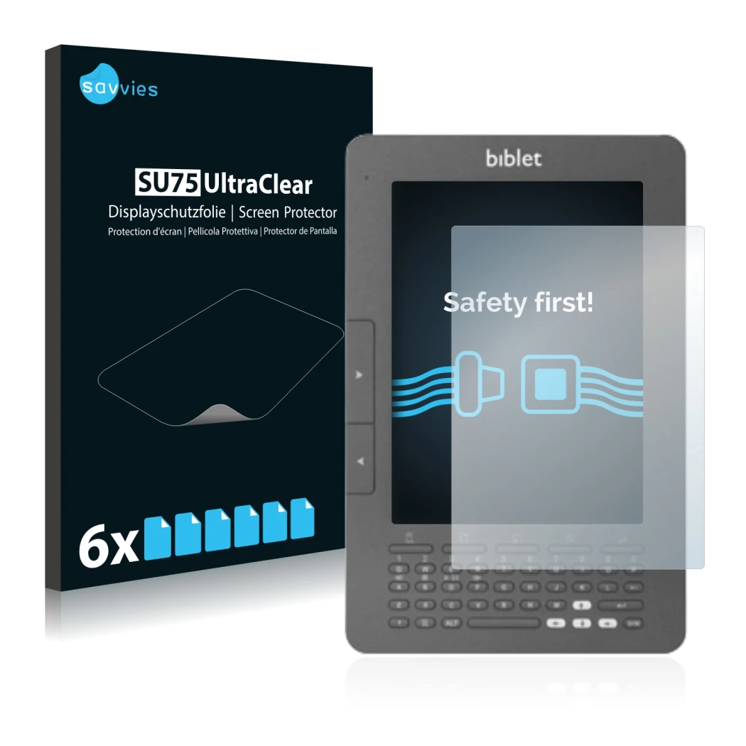 Front side of a product packaging with the brand logo Savvies. Next to it is the device Biblet eBook Reader shown with the cor