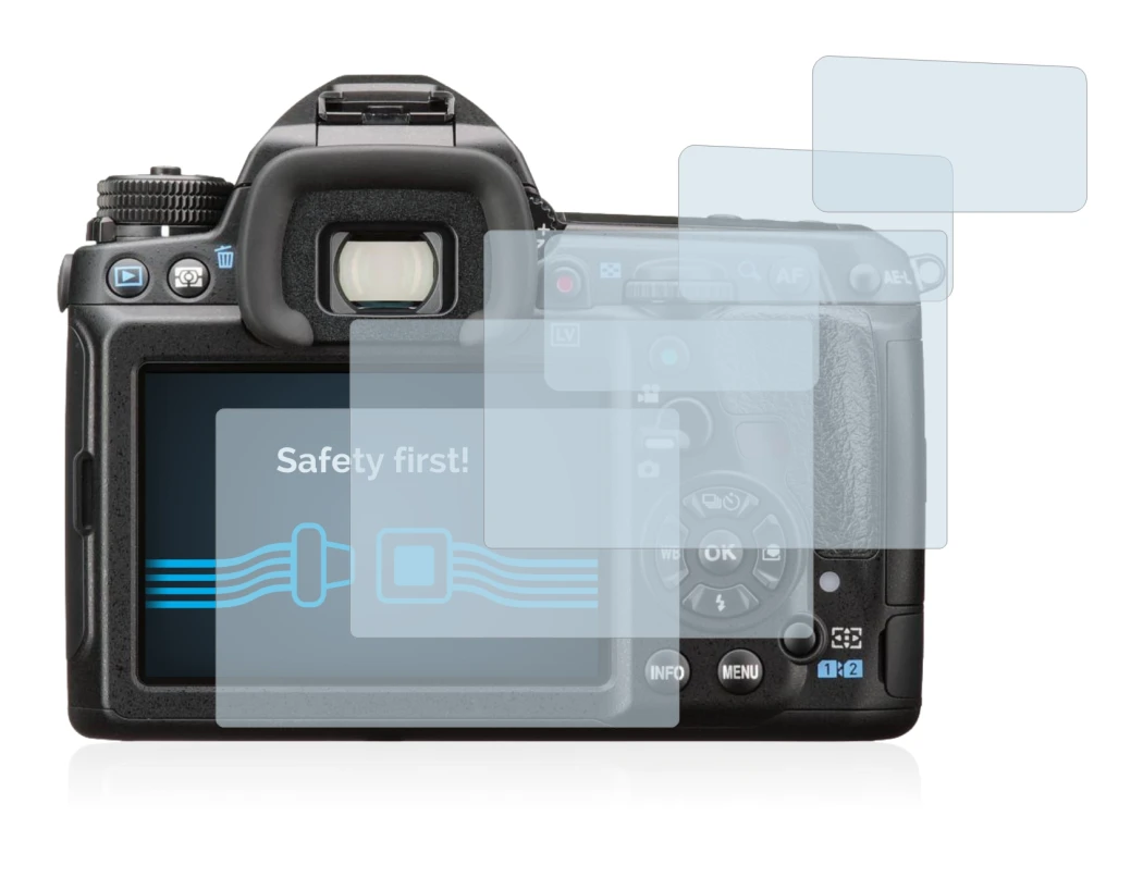 Image of the device Pentax K-3 II with a wide variety of screen protectors.