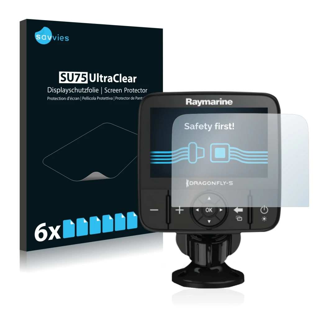 Front side of a product packaging with the brand logo Savvies. Next to it is the device Raymarine Dragonfly 5 shown with the c