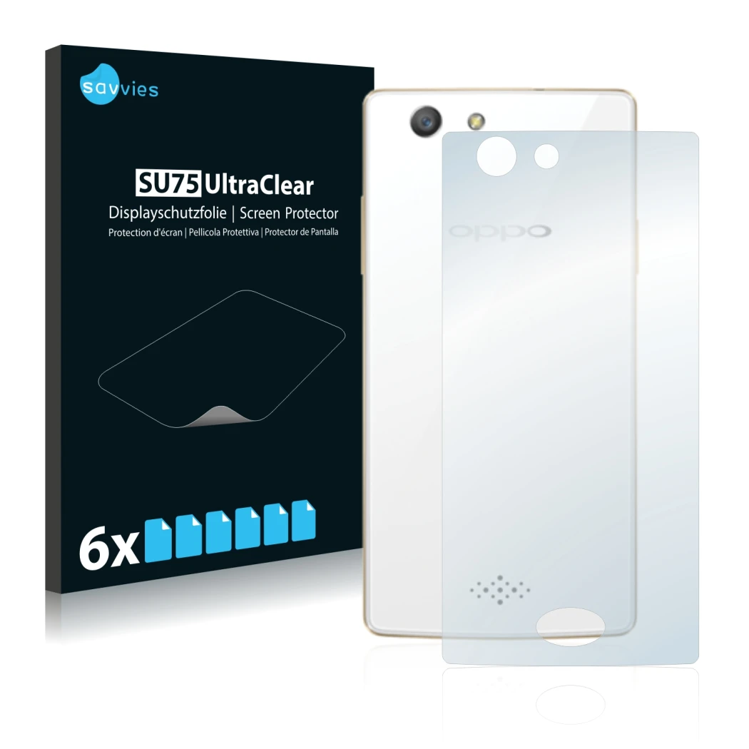 Front side of a product packaging with the brand logo Savvies. Next to it is the device Oppo A31 2015 (Back) shown with the co