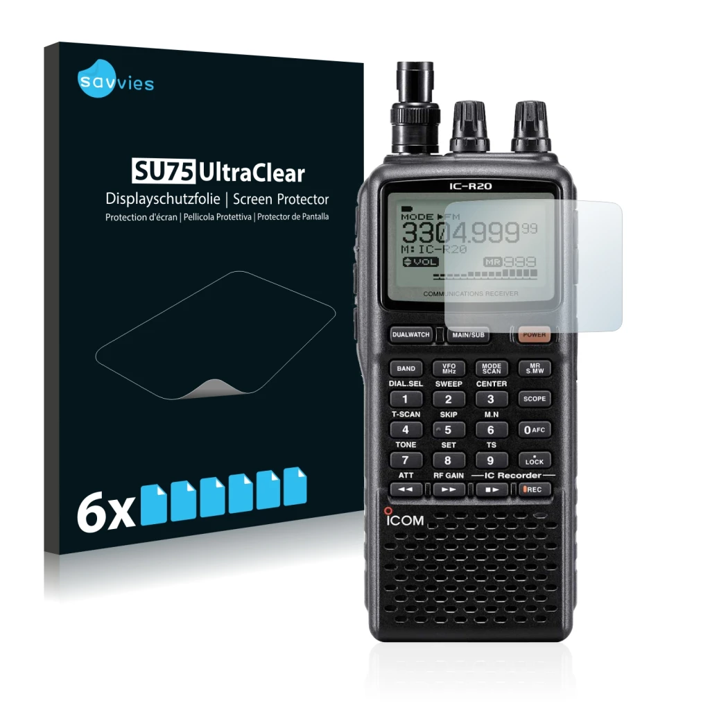 Front side of a product packaging with the brand logo Savvies. Next to it is the device Icom IC-R20 shown with the correspondi