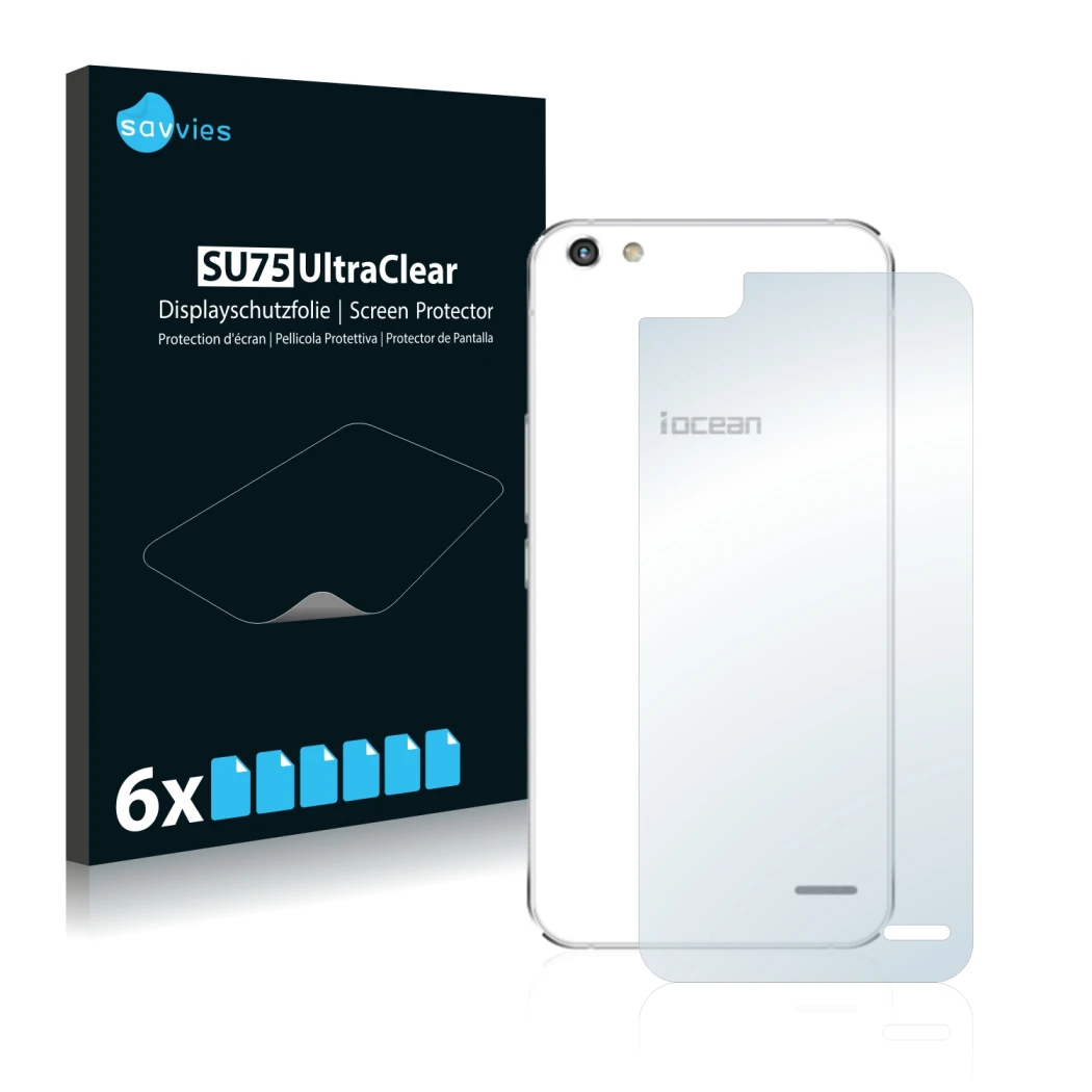 Front side of a product packaging with the brand logo Savvies. Next to it is the device iOcean X9 (Back) shown with the corres
