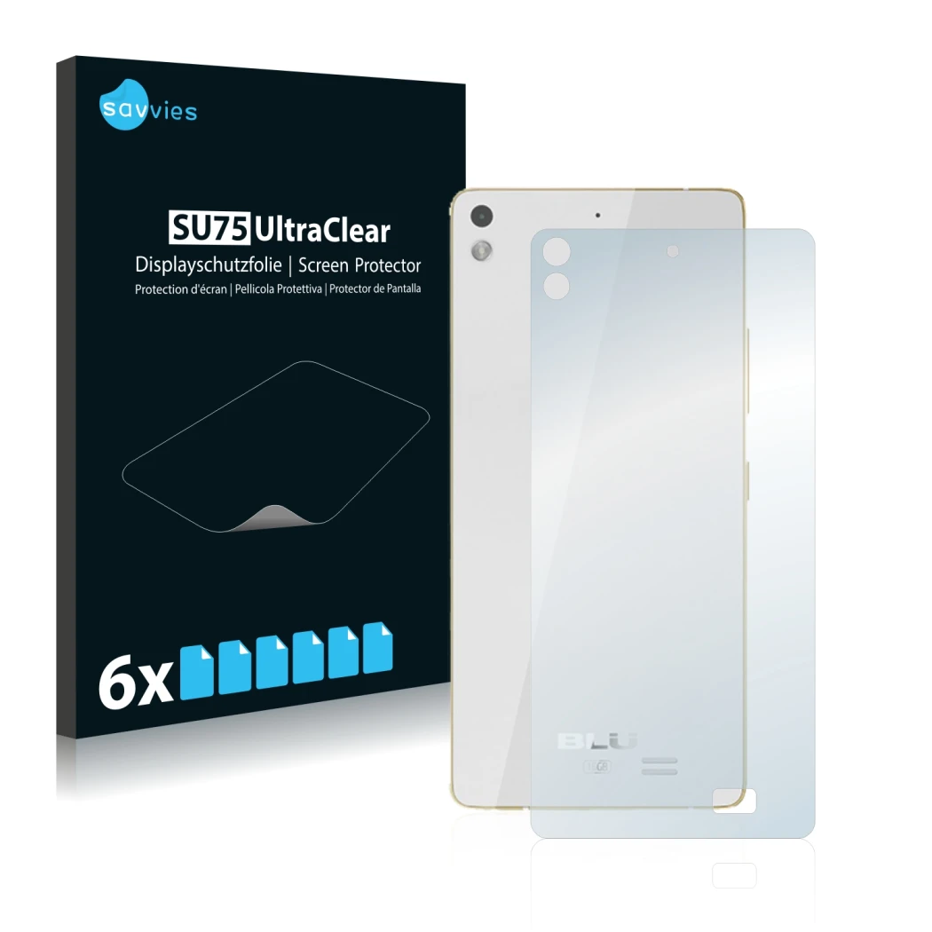 Front side of a product packaging with the brand logo Savvies. Next to it is the device BLU Vivo Air (Back) shown with the cor