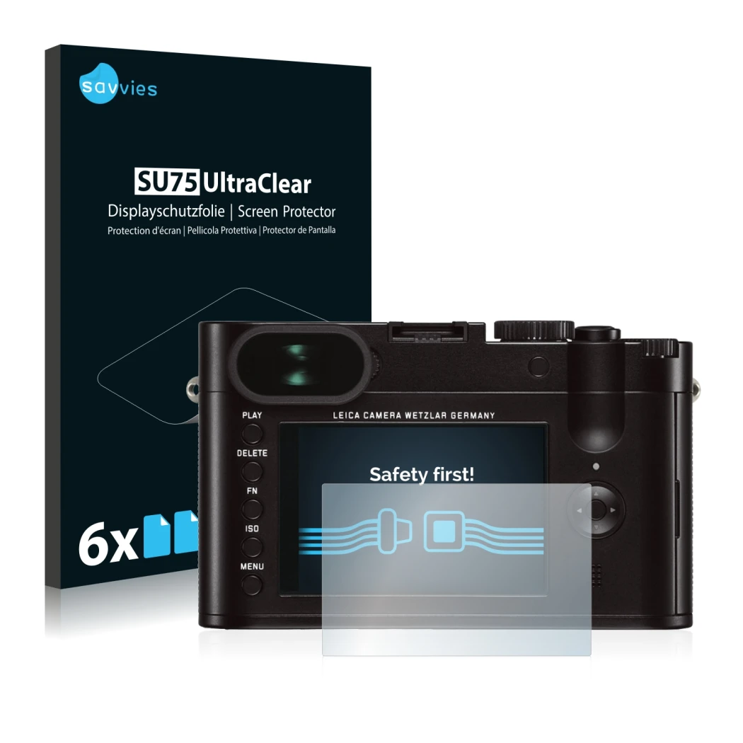 Front side of a product packaging with the brand logo Savvies. Next to it is the device Leica Q (Typ 116) shown with the corre