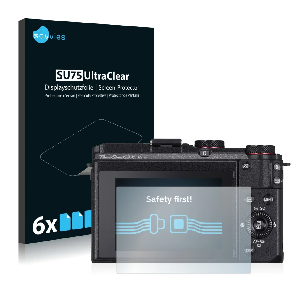 Front side of a product packaging with the brand logo Savvies. Next to it is the device Canon PowerShot G3 X shown with the co