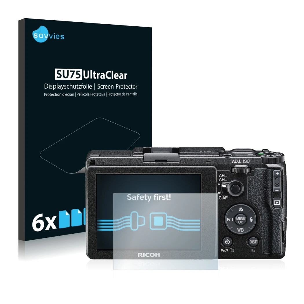 Front side of a product packaging with the brand logo Savvies. Next to it is the device Ricoh GR II 2015 shown with the corres
