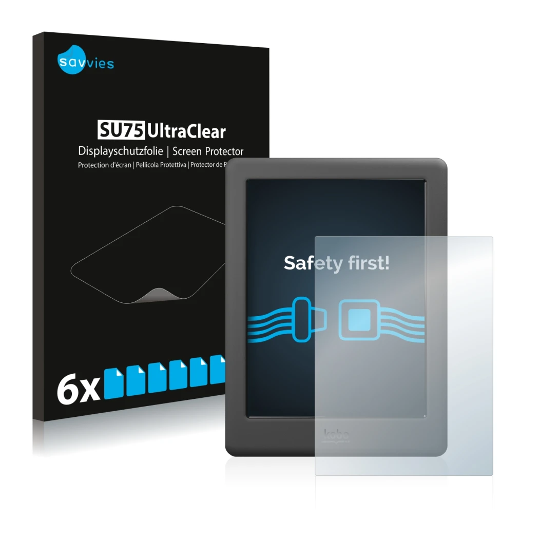 Front side of a product packaging with the brand logo Savvies. Next to it is the device Kobo Glo HD shown with the correspondi
